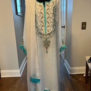 Elegant White and Teal Embroidered chiffon Kurta and pant